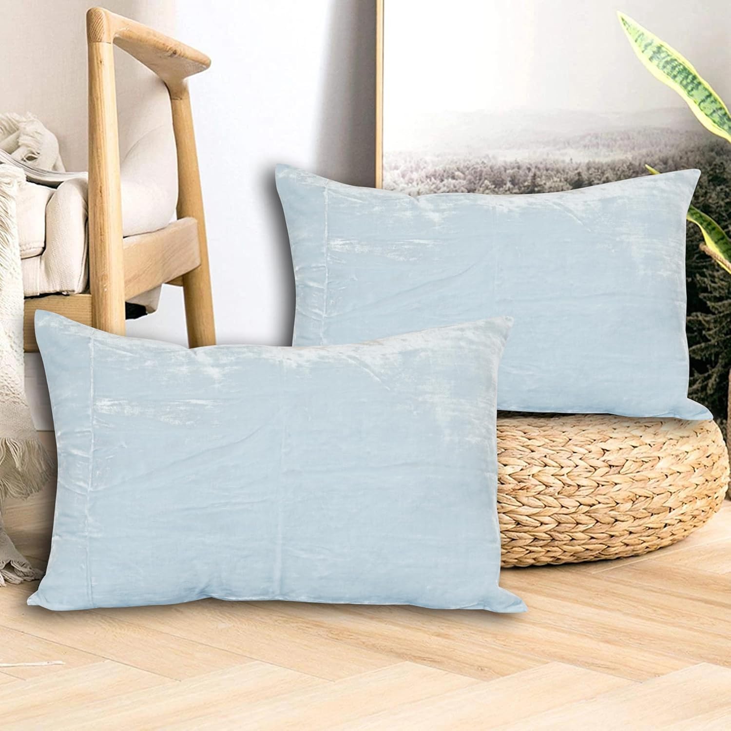 Luxe Boho Decor Art Pillowcase Set Solid Hippie Stylish UO Large Unique Velvet Pillow Cover Set of 2 (Pastle Blue, 12x16 Inches)