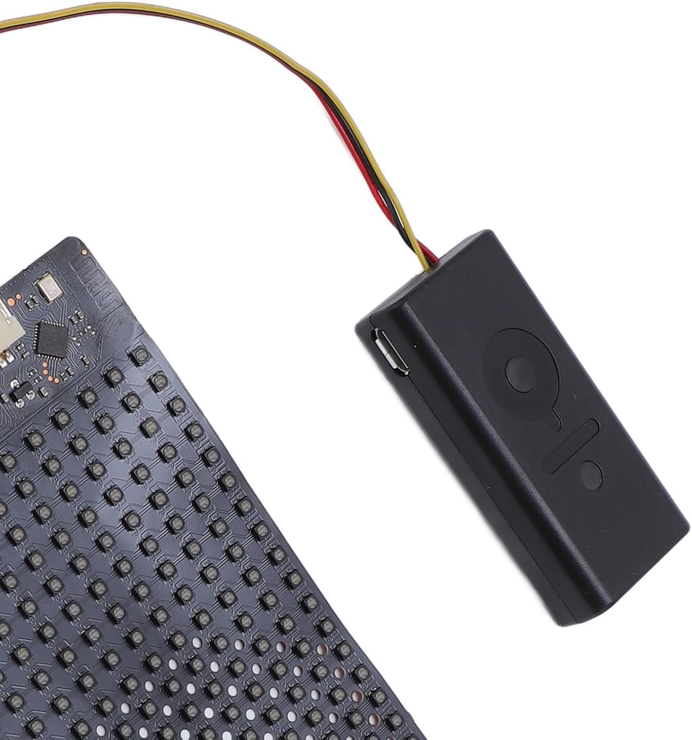 Close-up of the control unit and its connection to the flexible LED display