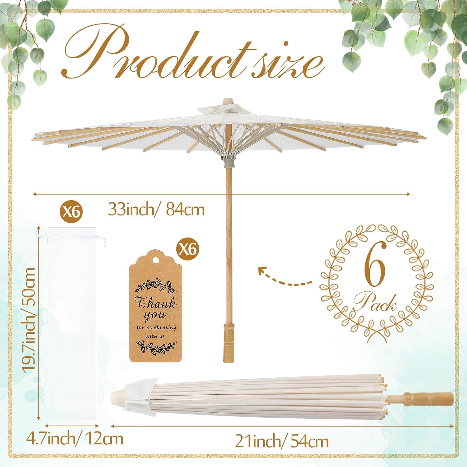 6 Set Parasol Umbrella 33 Inch Wedding Paper Umbrellas Thank You Card Chinese Japanese Parasol DIY Oiled Paper Painting Craft Decorative for Bridal Party Decor Outdoor Photography Props (White)