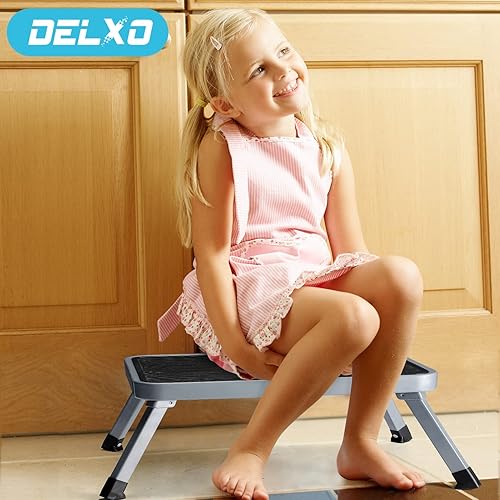 Miniatura 7 de Delxo - Escalera plegable de 3 escalones con pedal ancho antideslizante, soporta hasta 330 libras. Taburete de acero resistente de 3 escalones.
