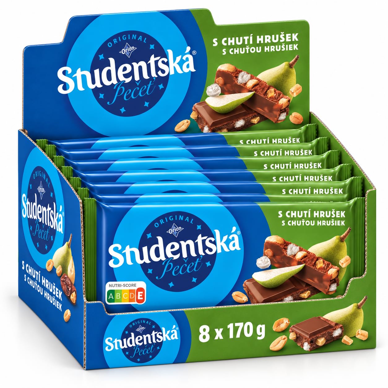 Orion Studentská pečeť, chocolate con leche, cacahuetes, gelatina y sabor a pera, 8 × 170 g