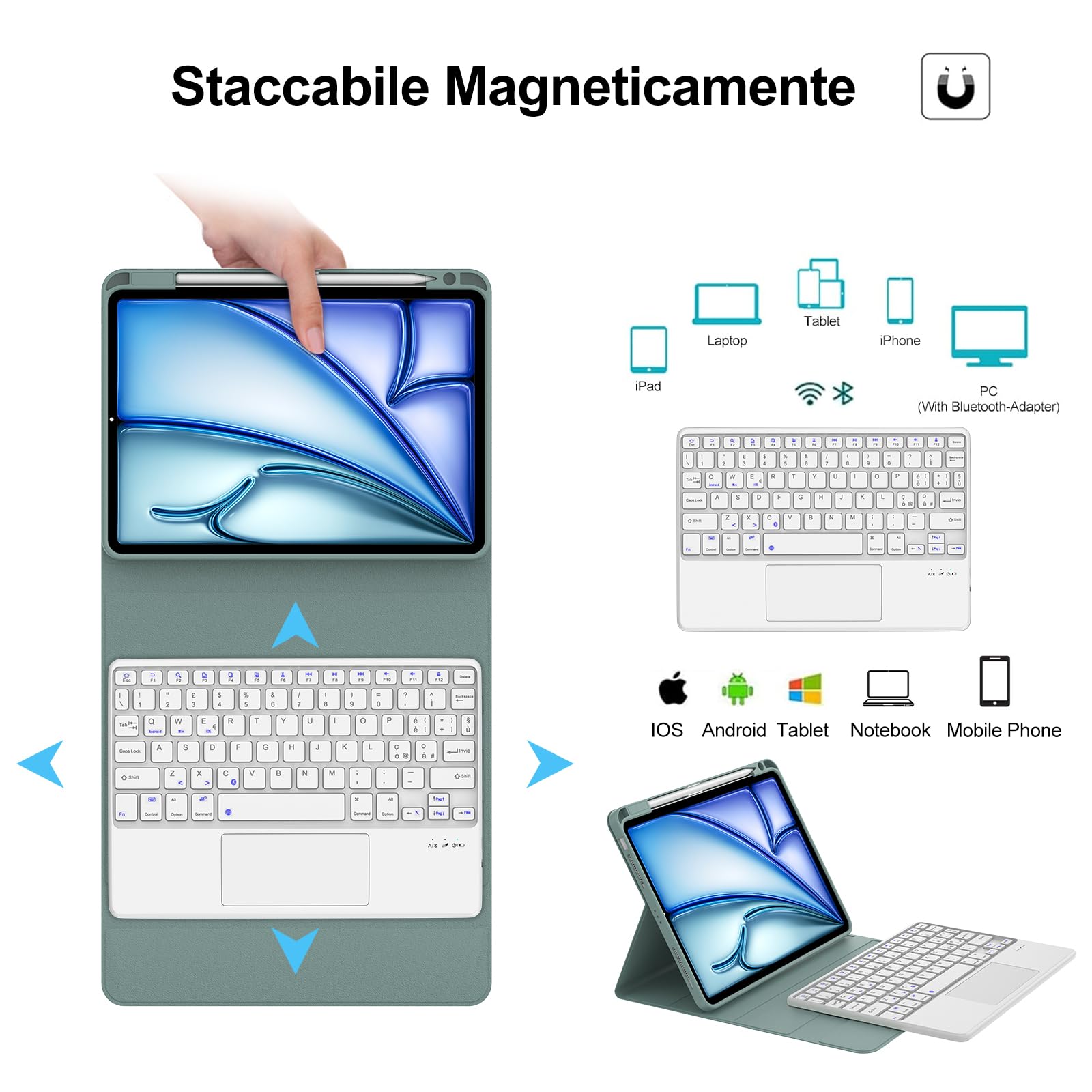 WINCHKING Cover Tastiera per iPad Air 11 M4 2026/M3 2025/M2 2024 con Touchpad, Italiano QWERTY, Custodia con Bluetooth Rimovibile Tastiera per iPad Air 11 Pollici M4/M3/M2, Verde scuro