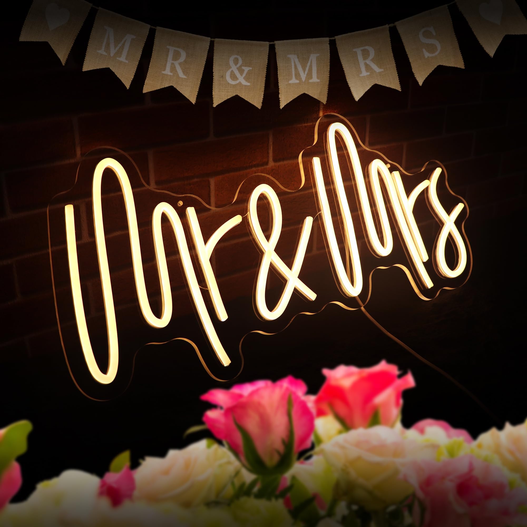Mr & Mrs Neon Sign for Wedding Wall Decor Mr & Mrs LED Signs Neon Lights Sign for Date Wedding Party Valentine's Day Decorations Neon Lights for Reunion Gifts Photo Prop USB 21.7x10 Inch (warm white)
