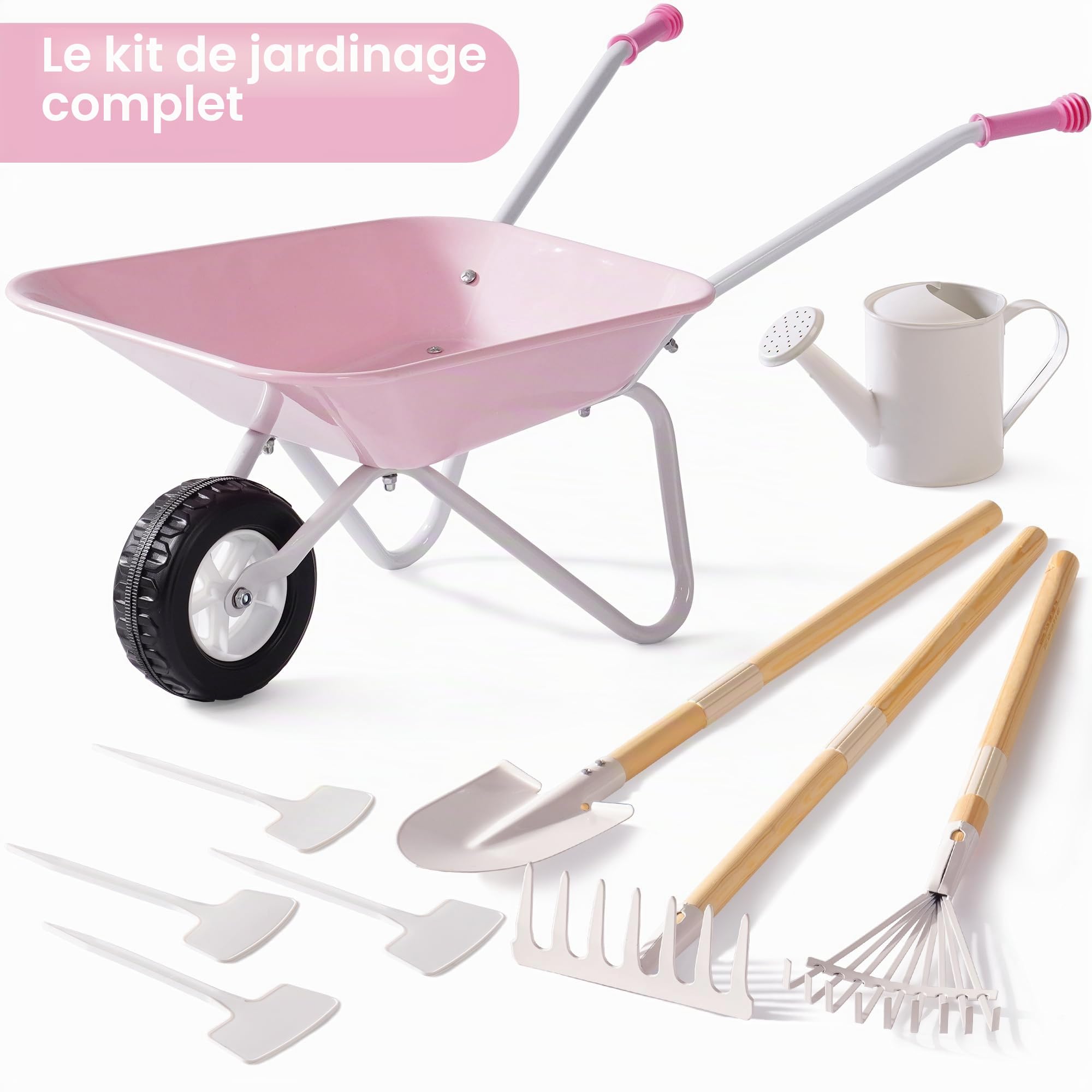 ROBOTIME Ensemble d'outils de jardin pour enfants en métal & outils de plantation, set de jardin grand format 5 pièces vert olive avec manche en bois de pin réglable, arrosoir, râteau, pelle, pour