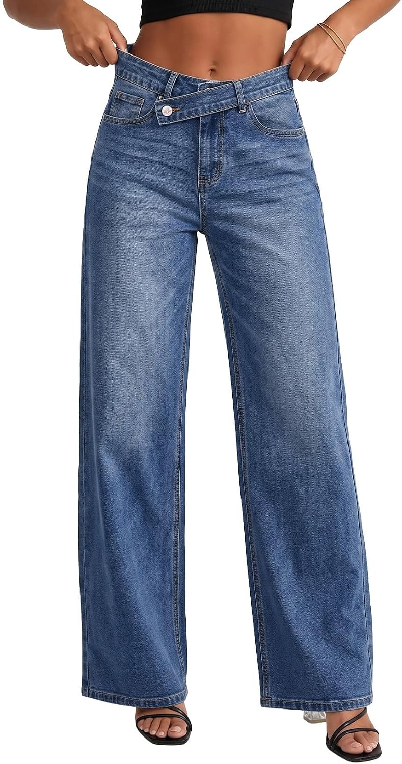 EVALESS Jeans for Women Trendy 2025 Overlap Waist Straight Wide Leg Stretchy Denim Pants