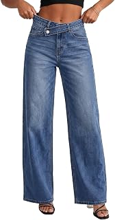 EVALESS Jeans for Women Trendy 2025 Overlap Waist Straight Wide Leg Stretchy Denim Pants