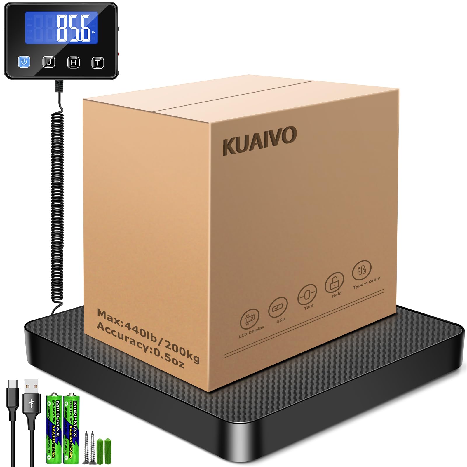 Photo 1 of KUAIVO Shipping Scale, 440 lbs/0.35oz High Accurate Digital Postal Scale with Hold/Tare Function, Postage Scale for Packages, Luggage, Small Business, Home Use, Battery & Charging Cable Include