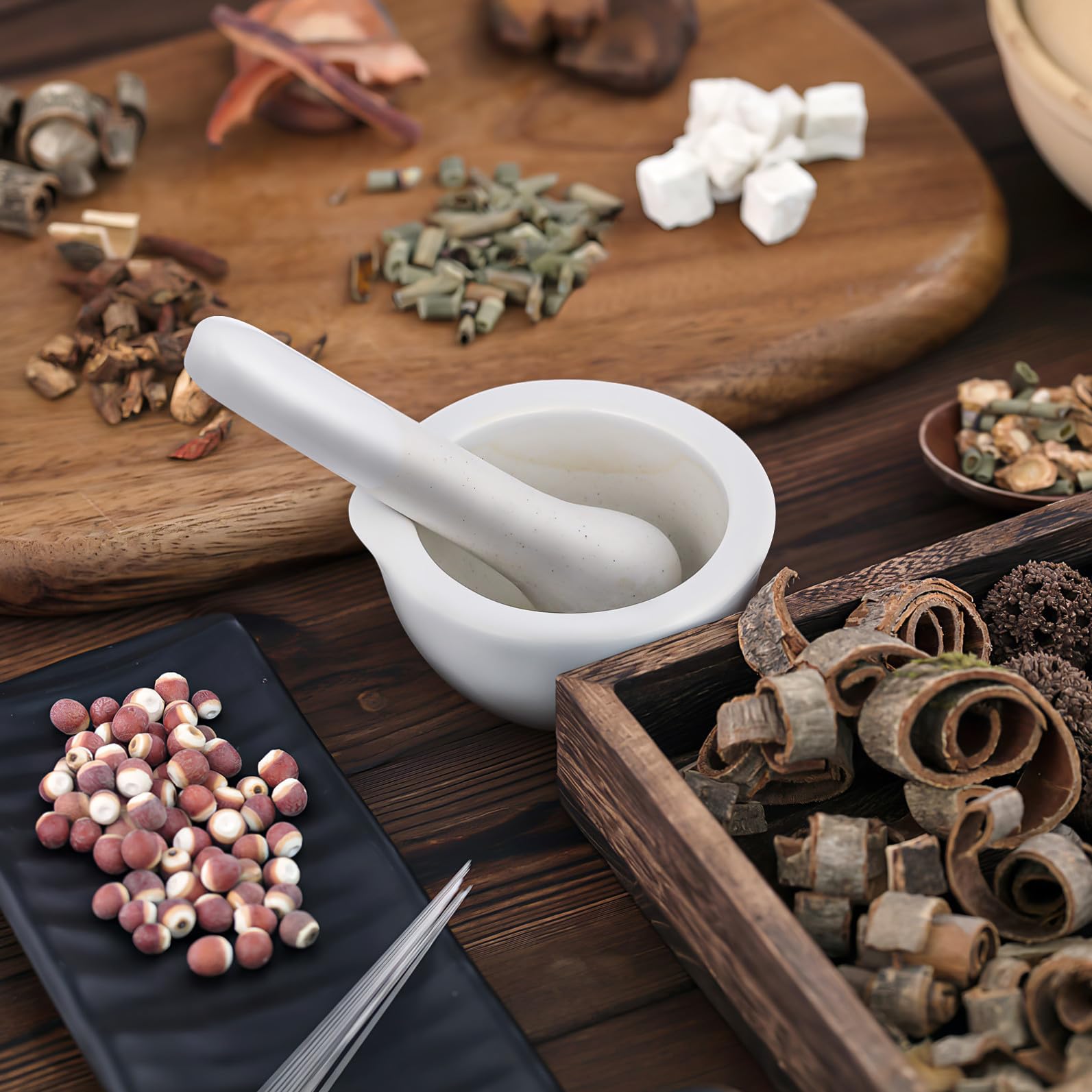 Set Mortaio e Pestello in Porcellana Bianca 60mm, Ciotola per Macinazione Spezie e Pillole Bordi Arrotondati, Utensili da Cucina per Preparazione Integratori e Condimenti