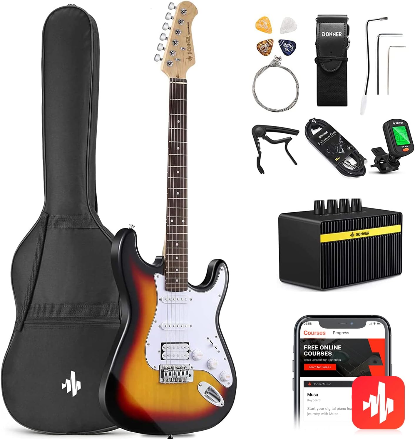 Donner 39 Inch Electric Guitar Beginner Kit Sunburst Full-Size Starter Package HSS Pick Up with All Accessories Amp Online Lesson Bag Tuner Capo Strap String Amp Cable Picks DST-100S