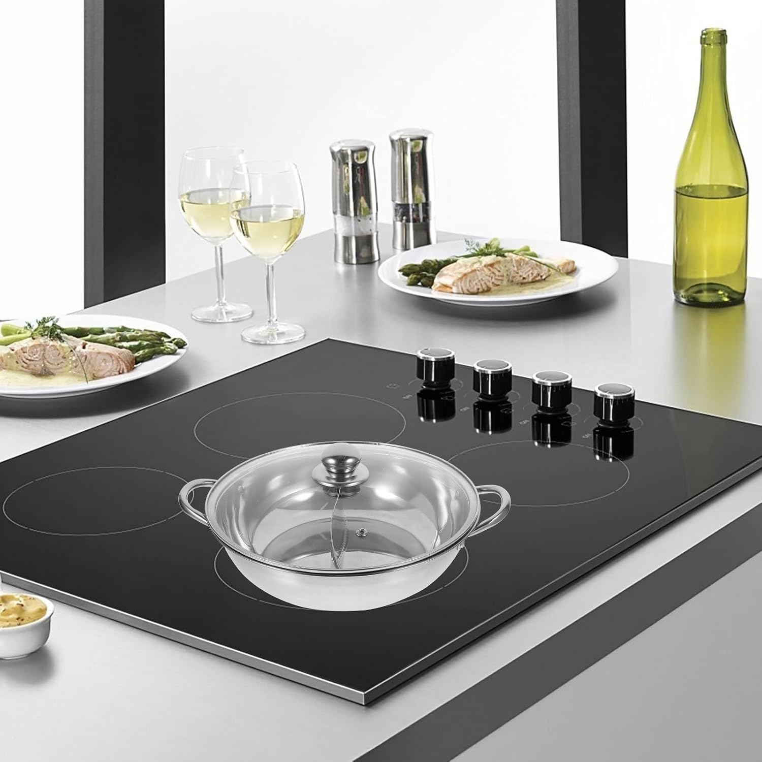 Double Sided Hot Pot with Compartment Design and Silver Finish