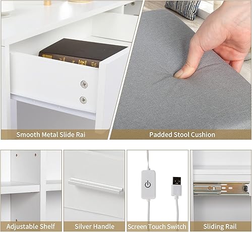 Vista 3 de Makeup Vanity with Lights and Chair Set - Vanity Desk Set - Vanity Mirror with Lights - Adjustable 3-color LED Lights - Dressing Table with 5