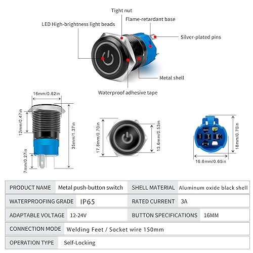 Miniatura 4 de 2 interruptores de botón de bloqueo de 0.63 pulgadas, carcasa de metal inoxidable IP65, impermeable, patrón de símbolo de encendido autobloqueante