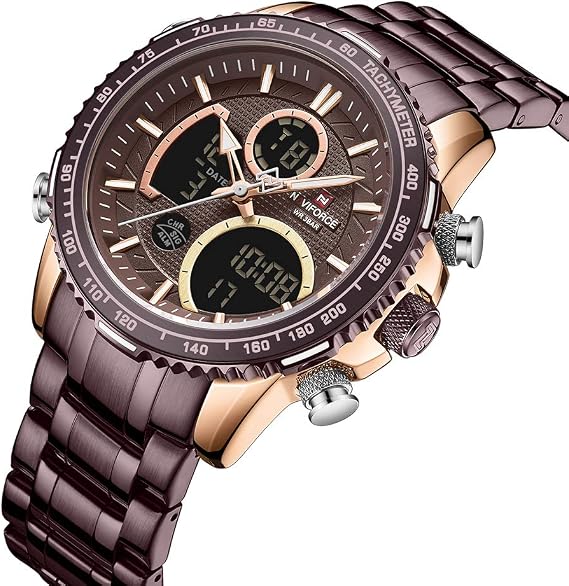 NAVIFORCE Men's Analog Digital Watch Chronograph Waterproof Sport Quartz Watch Business Fashion Stainless Steel Military Multifunction Wrist Watch M NF9182-RG/CE, NF9182-RG/CE, Bracelet Type