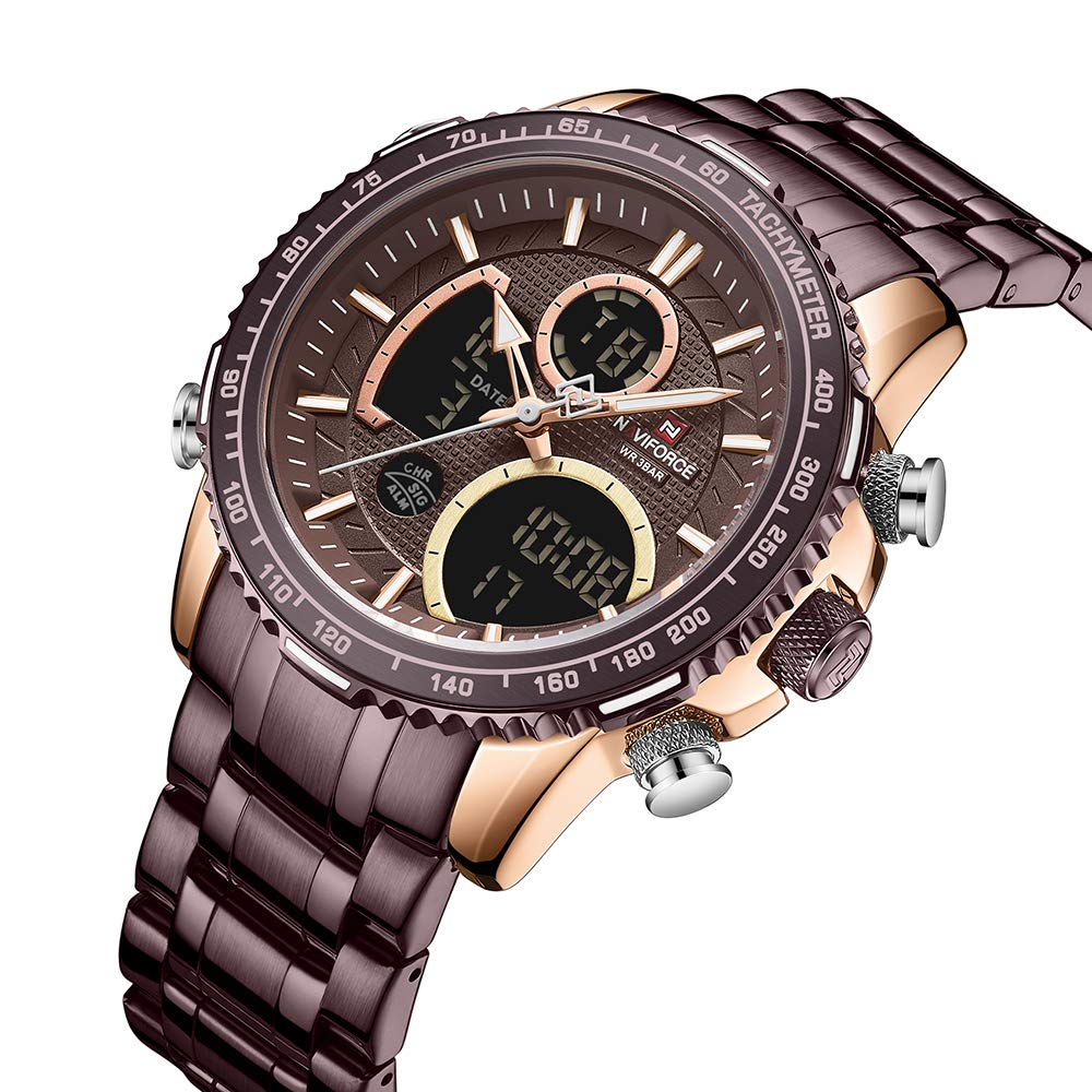 Naviforce Orologio Cronografo Sportivo Digitale da Uomo Orologio Multifunzionale in Acciaio Inossidabile al Quarzo Militare Impermeabile