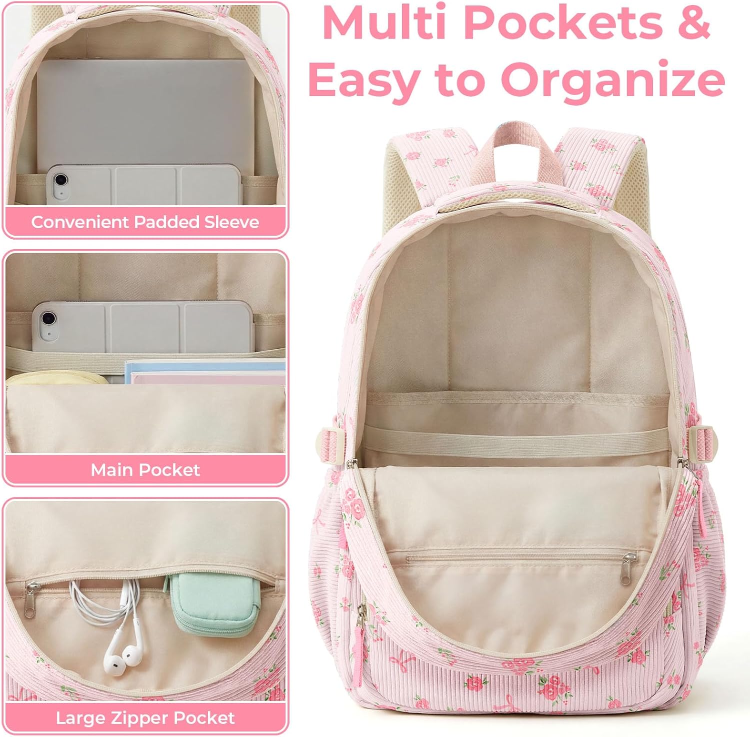 WOBAGMEN Corduroy Backpack for Women,Cute Aesthetic Backpack with Multi-Pocket, Lightweight Bookbag Fits 15.6" Laptop, Large Capacity Casual Daypacks for travel (Pink Bow Floral, M)