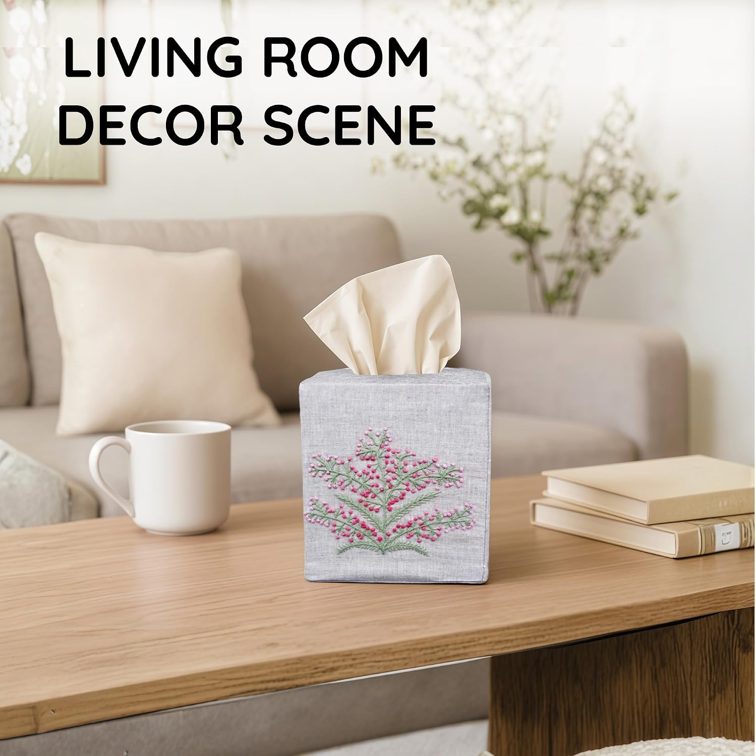 Cloth Tissue Box Cover Cute Set of 2, Square Linen Tissue Holder with French Knot Hand Embroidered Flowers Pattern, Home, Office, Kitchen Decor, 4.5x4.5x5.5 Inches (Grey)