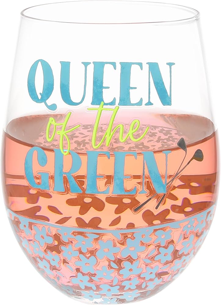 Amazon.com | Pavilion Gift Company  Queen Of The Green  18 Oz Stemless Wine  Glass Humor Funny Golf Lover Women Gift Novelt: Wine Glasses