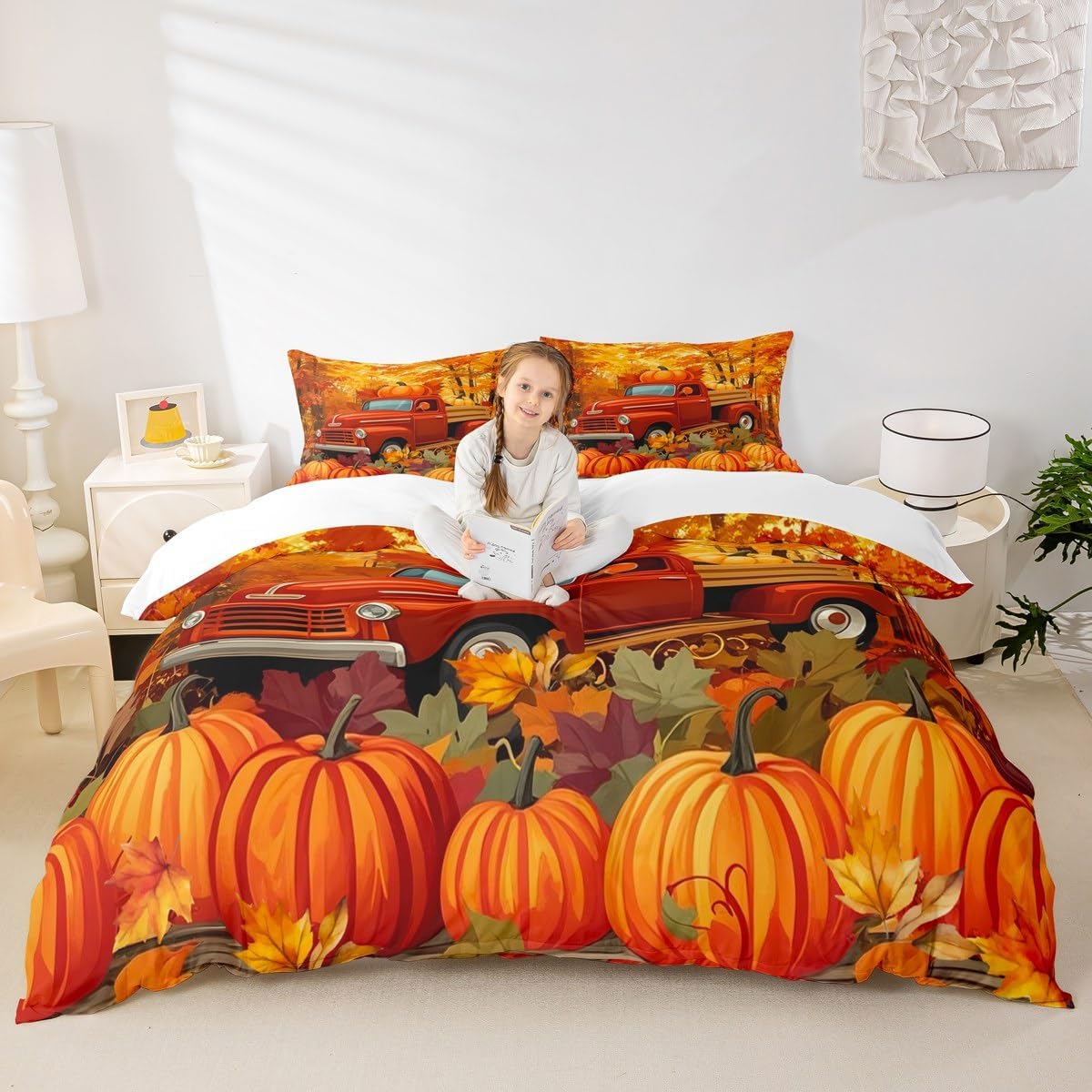 Manfei Fall Pumpkin Kids Duvet Cover Set Twin Size,Truck Autumn Harvest Bedding Set,Girls Boys Adults Bedroom Decor,Maple Leaf Rustic Farmhouse Comforter Cover,Orange Bright Quilt Cover,1 Pillowcase