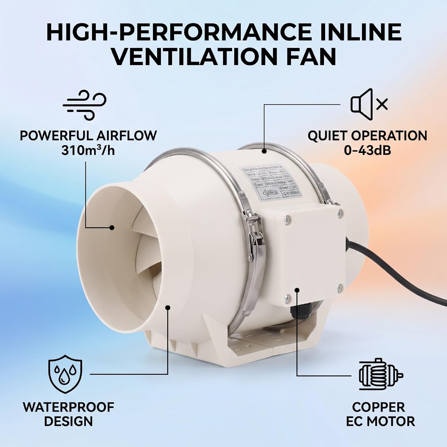 Garosa 5 Inch Duct Fan 45W 2600RPM for Ventilation Exhaust