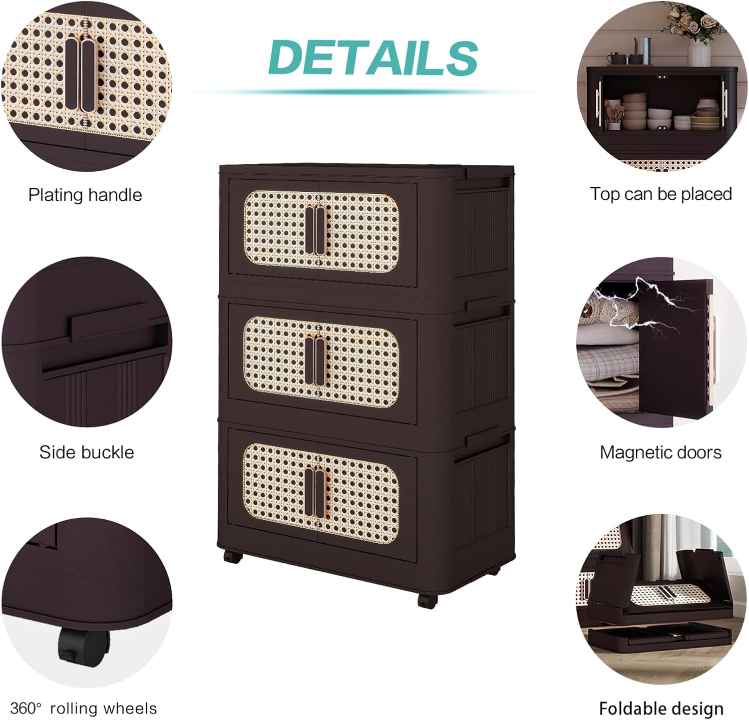 5 Tiers Folding Storage Cabinet,20" Side Wide Stackable Storage Bins with Doors and Wheels, Space Saving Plastic Cabinet for Living Room, Office, Dorm, Retro Brown