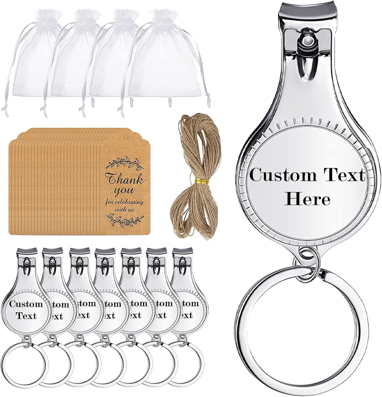 [30 Set] Custom 4 IN 1 Nail Clipper Bottle Opener Keychain Bulk, Wedding Baby Shower Favors Gift for Party Favor, Souvenir Gifts for Guests, Come with Organza Bags, String and Thank You Tags