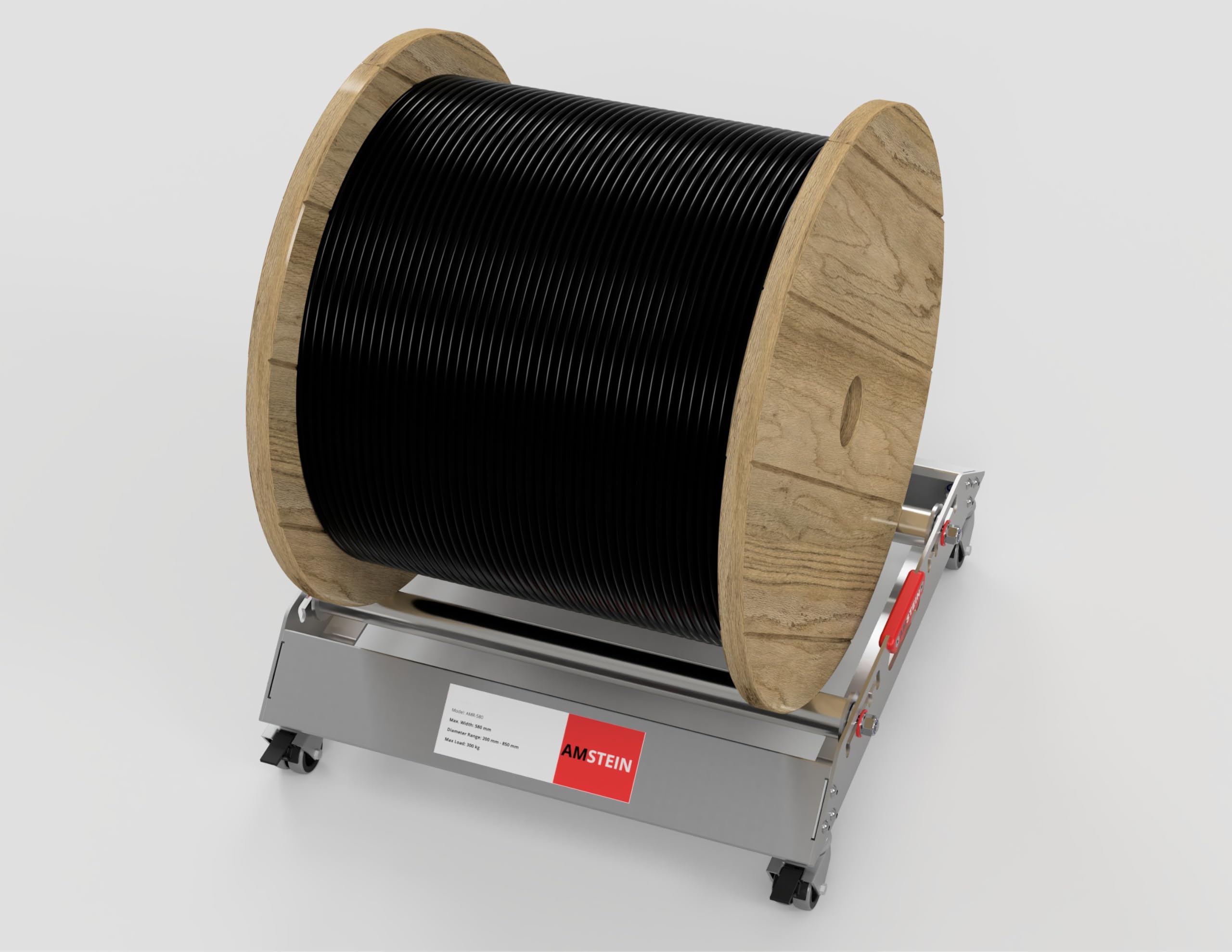 Profi Kabelabwickler AMR-580 mit 4 gebremsten Lenkrollen für Kabeltrommeln 200-850mm, bis 300kg Tragkraft, 600kg im Tandem, max 580mm Breite, robuster Trommelabroller verzinkt