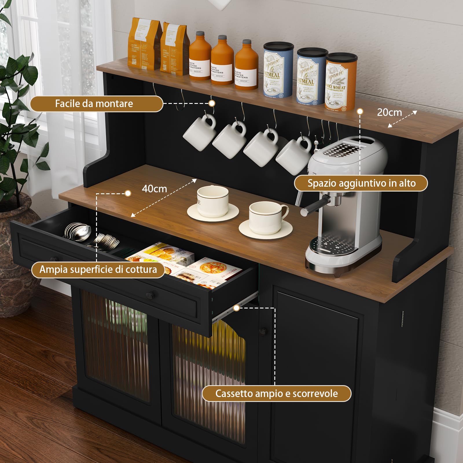 HOLTICO Credenza da Cucina Multifunzione, Armadietto per Microonde con Cassetto e Ganci per Tazze, Buffet Moderno per Soggiorno e Sala da Pranzo, Colore Nero Scuro