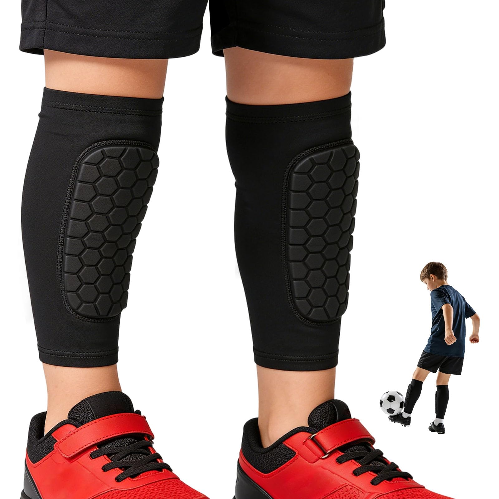 Football Shin Guards for Boys Girls, Kids Shin Pads with Compression Sleeve, Breathable Lightweight Shin Defender for Soccer Training, Impact Protection Sports Safety Age 6-13 (Black, L)