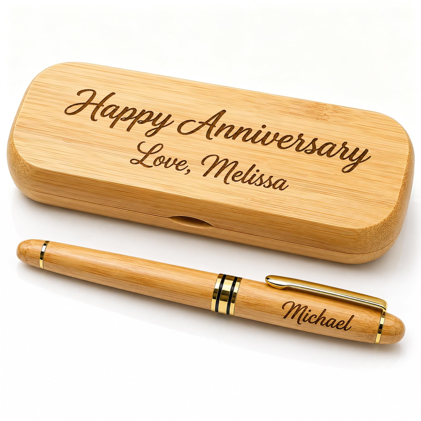Nozn Personalised Engraved Bamboo Pen Set with Case – Custom Engraved Pen with Name, Personalised Ballpoint Pen Gift for Men, Teacher, Doctor, Graduate, Wooden Customised Pens