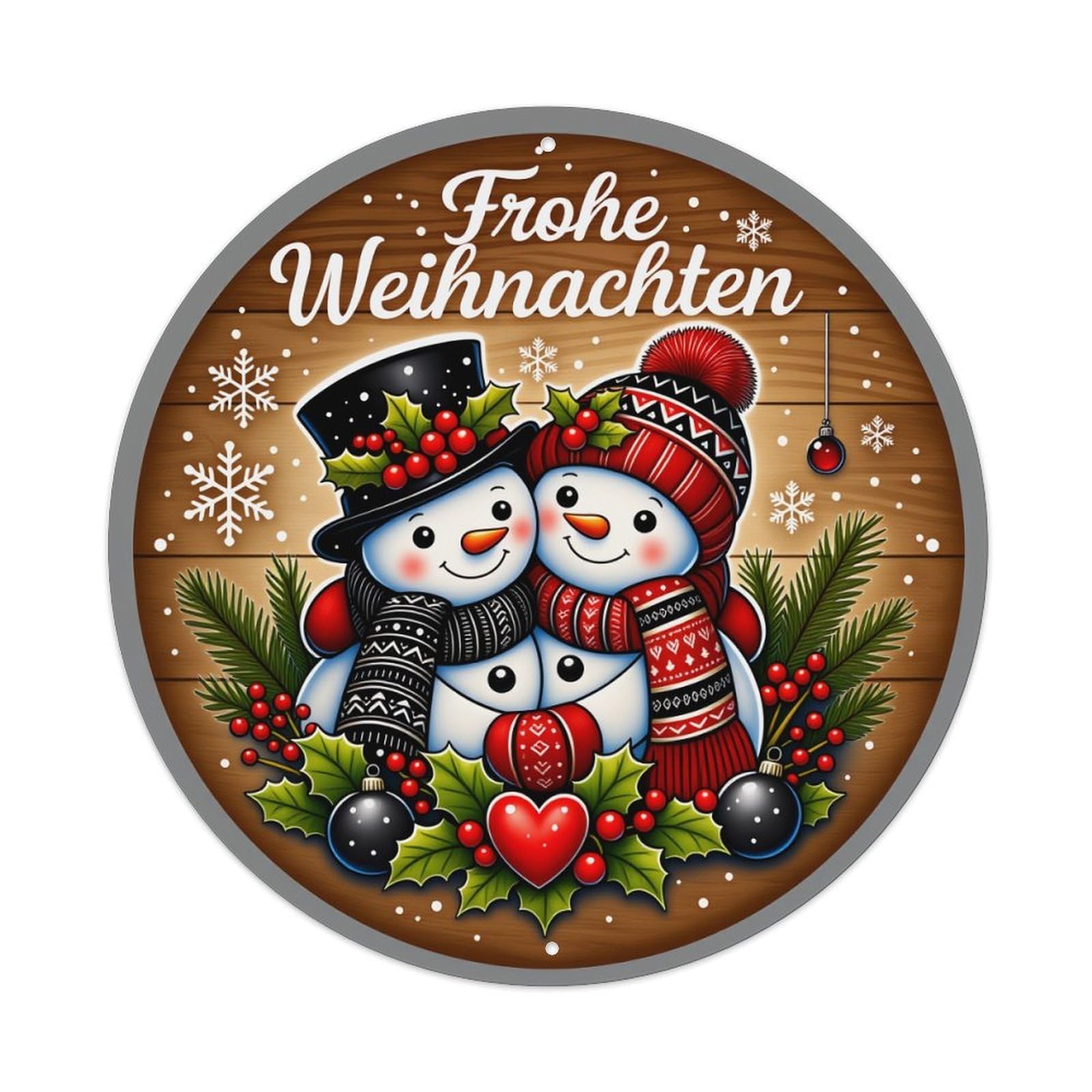 Snowman Couple Christmas Greeting Wood Round Tin Sign Vintage Metal Poster Retro Bar, Home, Man Cave, Kitchen, Laundry Room Wall Art Decor Gift 8x8Inch