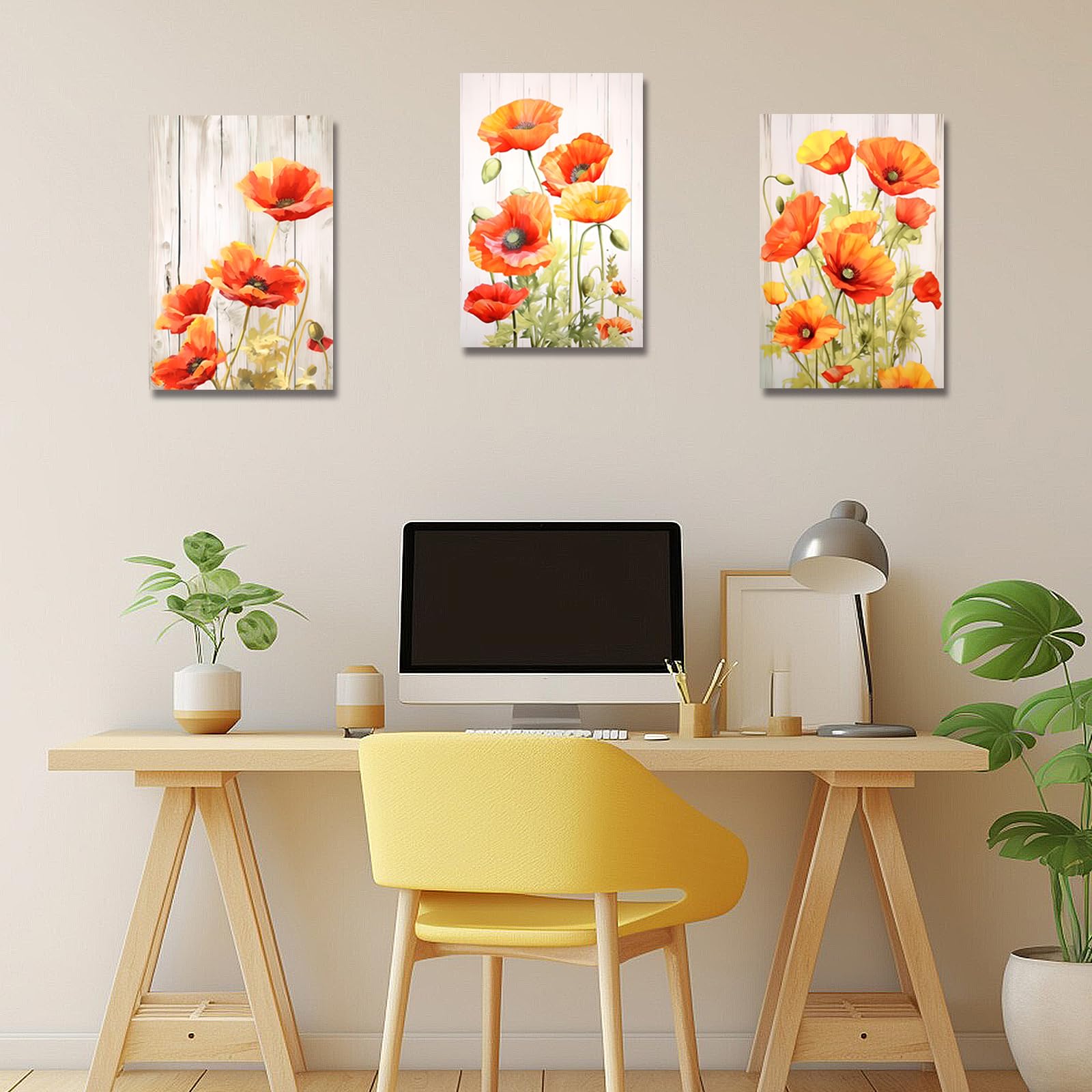 LZIMU Elegant Poppies Canvas Wall Art 3 Pieces Orange Poppy Flower Blossom Picture Prints Rustic Wood Background Artwork for Bathroom Office Kitchen Decor Framed (Poppy-1 - Image 3