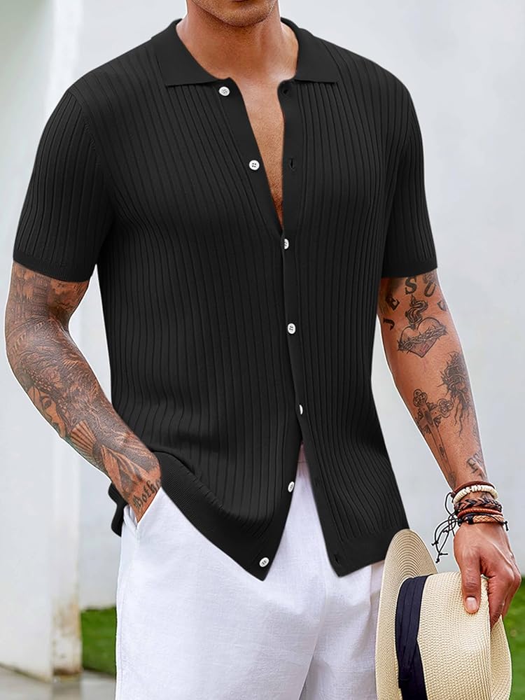 Amazon.com: Mens Knit Polo Shirt Short Sleeve Button Down