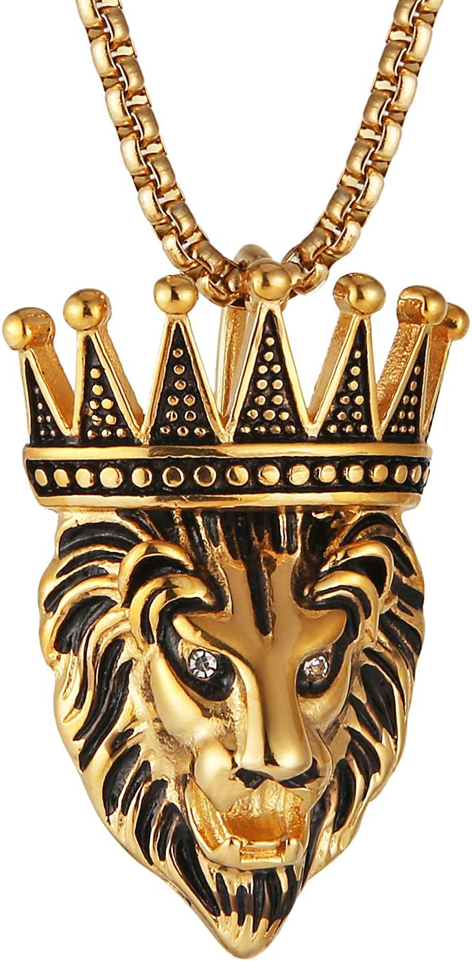 HZMANMen's Vintage Silver/Gold Stainless Steel Necklace Hip Hop Jewelry Crown Lion Head Pendant