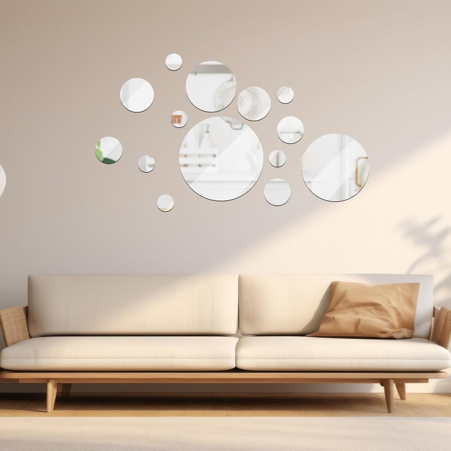 Jetec 15 Pcs Real Glass Round Mirror Tiles Frameless Wall Glass Tiles Round Wall-Mount Mirrors with Acrylic Double Sided Adhesive for Bedroom Bathroom Craft(2/3/4/6/8/10 Inch)