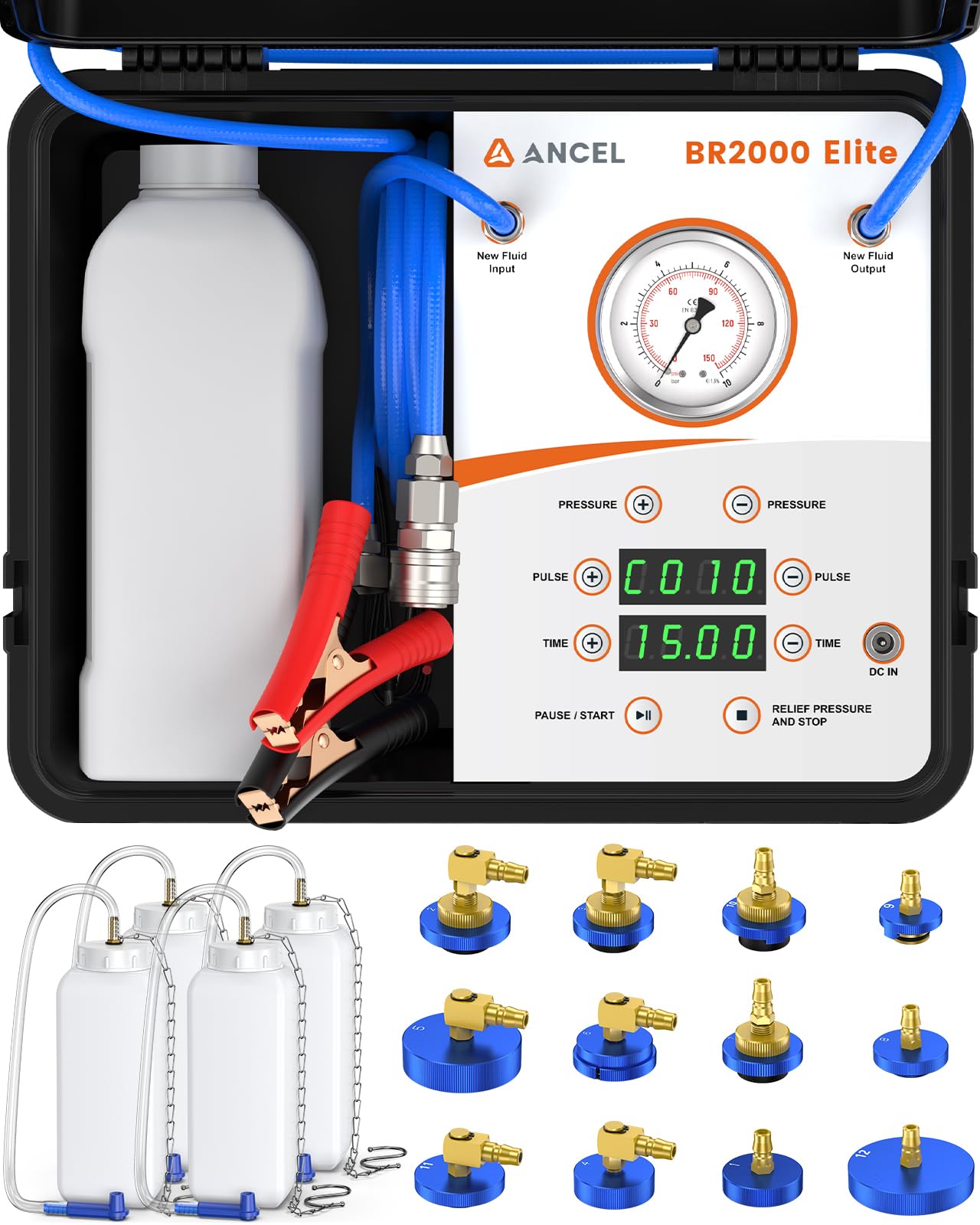 Main product image of the ANCEL BR2000 Elite brake bleeder kit, showing the machine, bottles, and adapters.