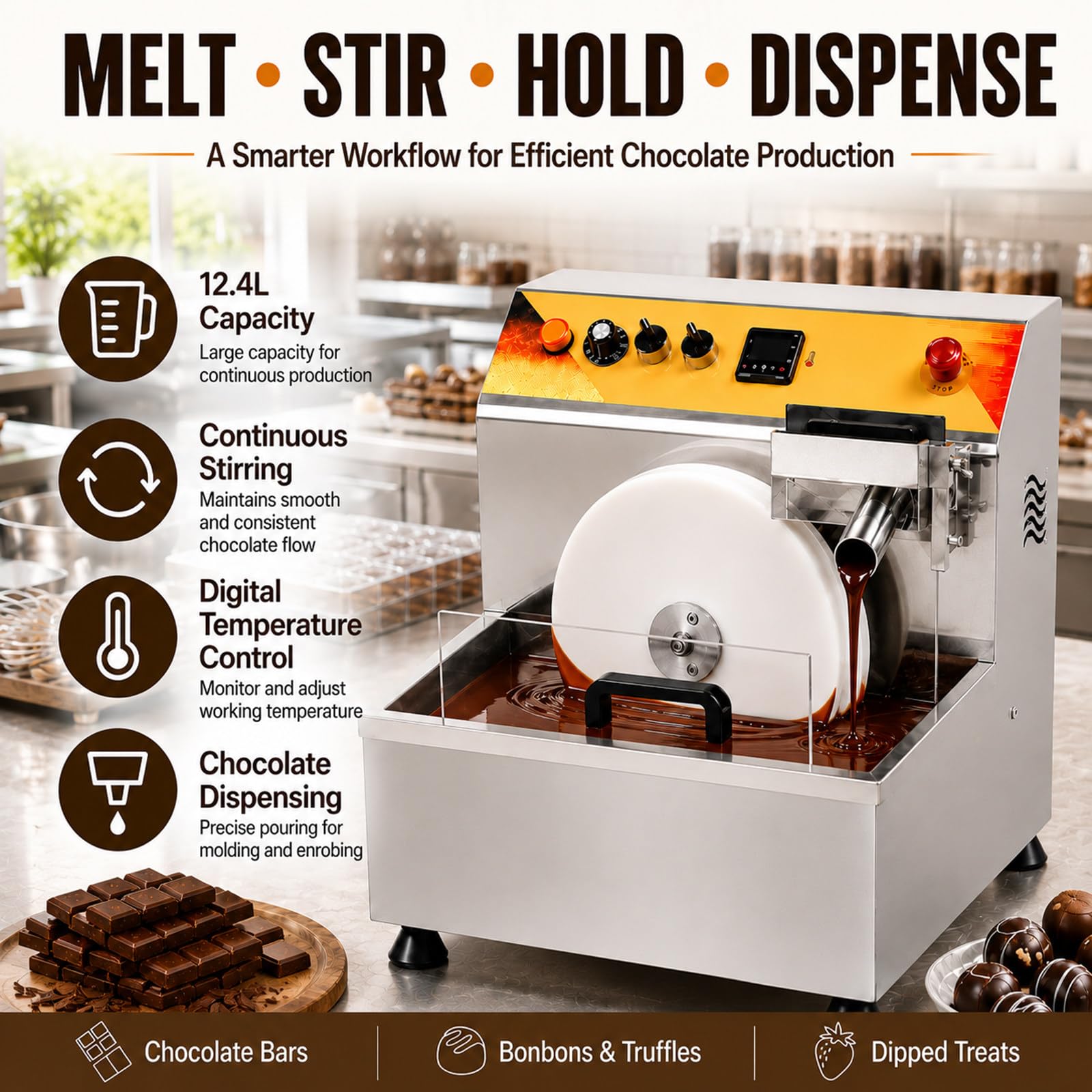 Fundidora de Chocolate Profesional 1200W 12,4 L 8 kg hasta 60°C