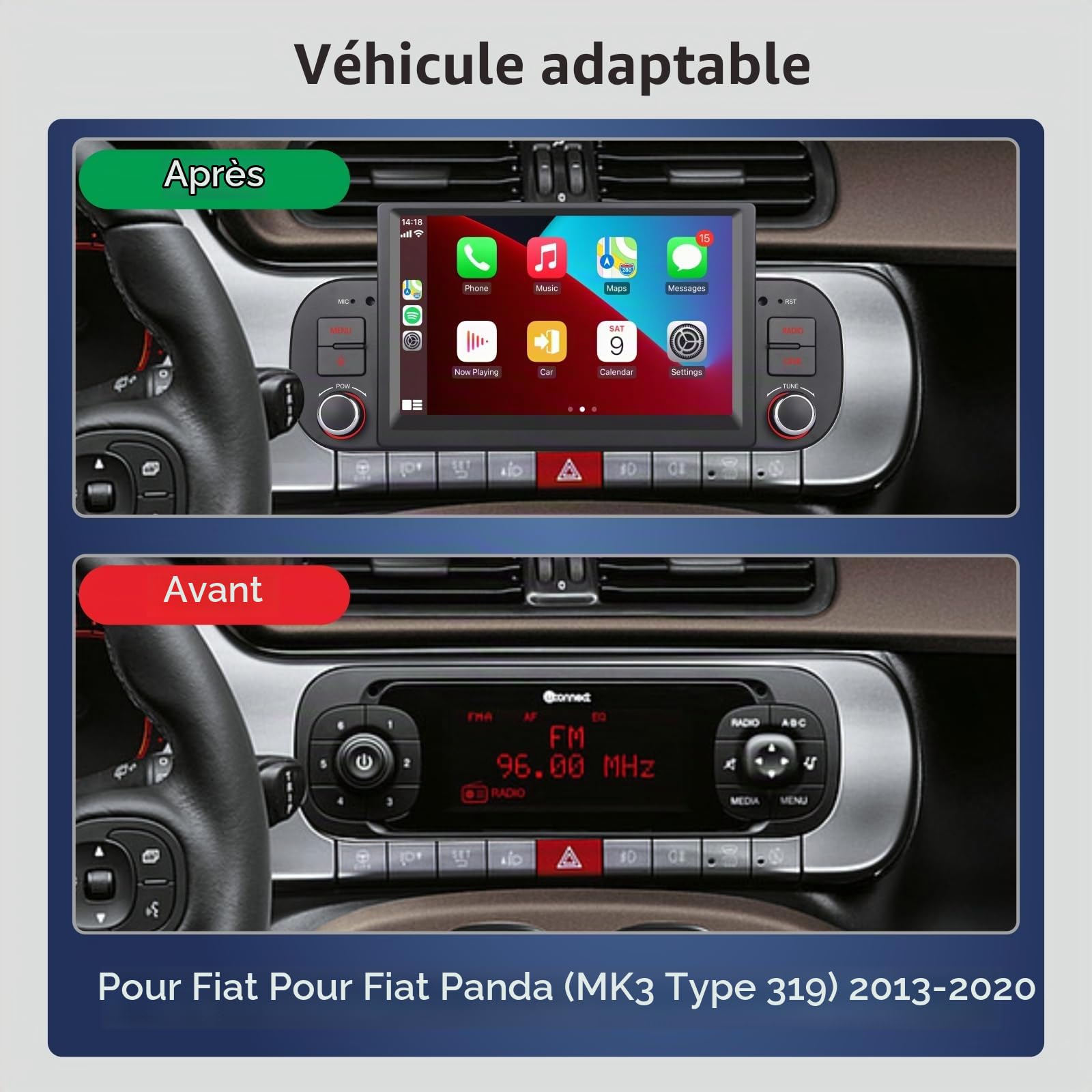 Autoradio Double DIN pour Fiat Panda 2013-2020 Apple Wireless Carplay et Android Auto Commande vocale avec écran Tactile IPS 7 Pouces/Bluetooth/FM/AM/USB/EQ