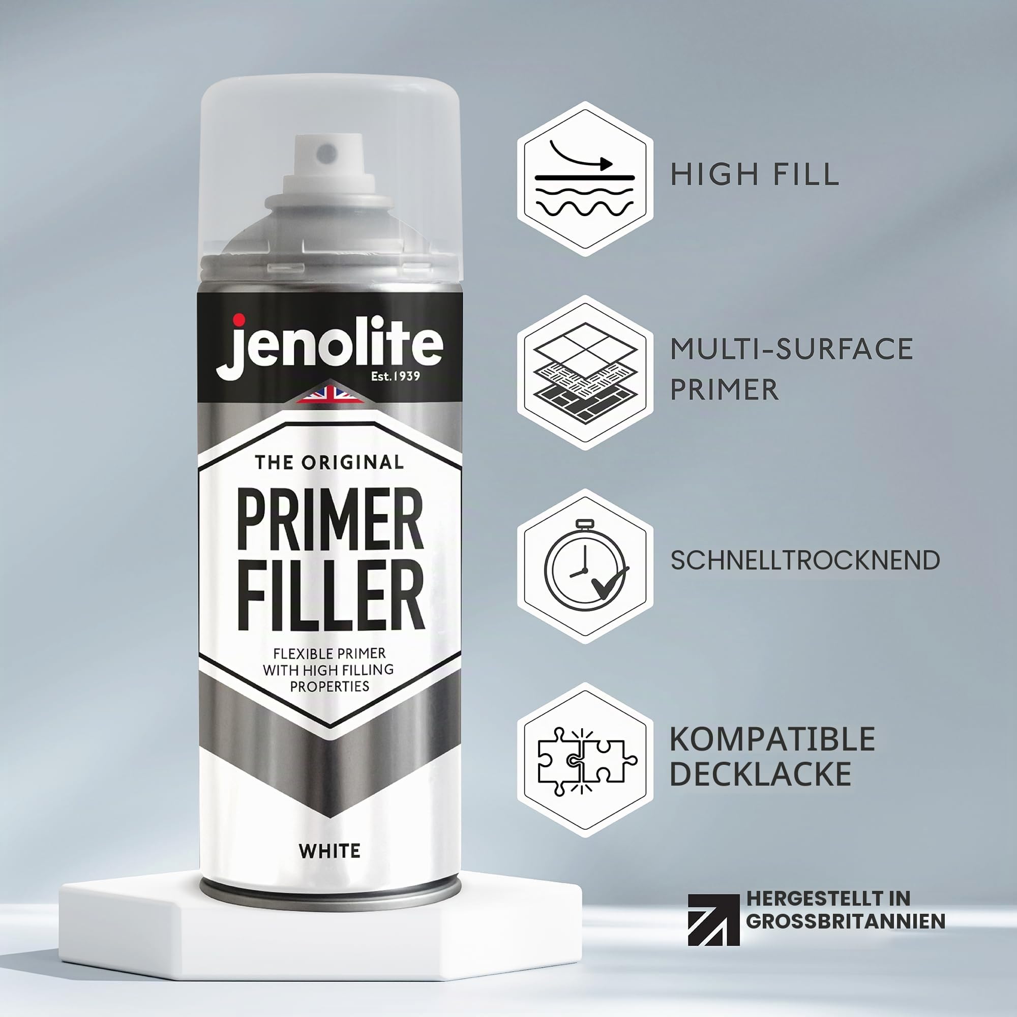 JENOLITE Grundfüller Aerosolfarbe | WEIß | Flexible Grundierung mit hohen Fülleigenschaften | Füllt kleine Dellen und Kratzer für ein glattes Finish | 3 x 400 ml