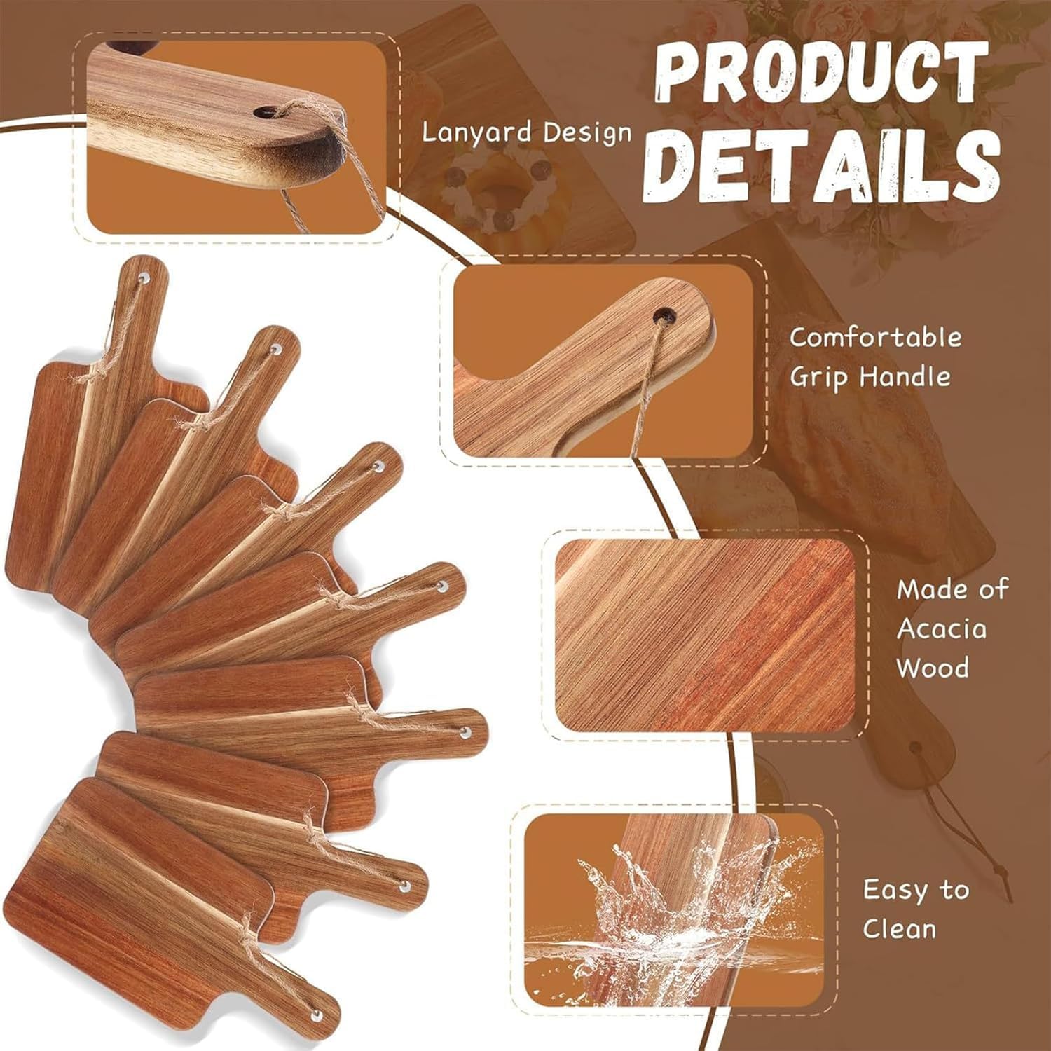 Juego de 6 tablas de cortar de madera de acacia, tablas de cocina de 12 pulgadas con asa, ideal para embutidos, queso, pan, carne y frutas (12 x 6 x 0.6 pulgadas)