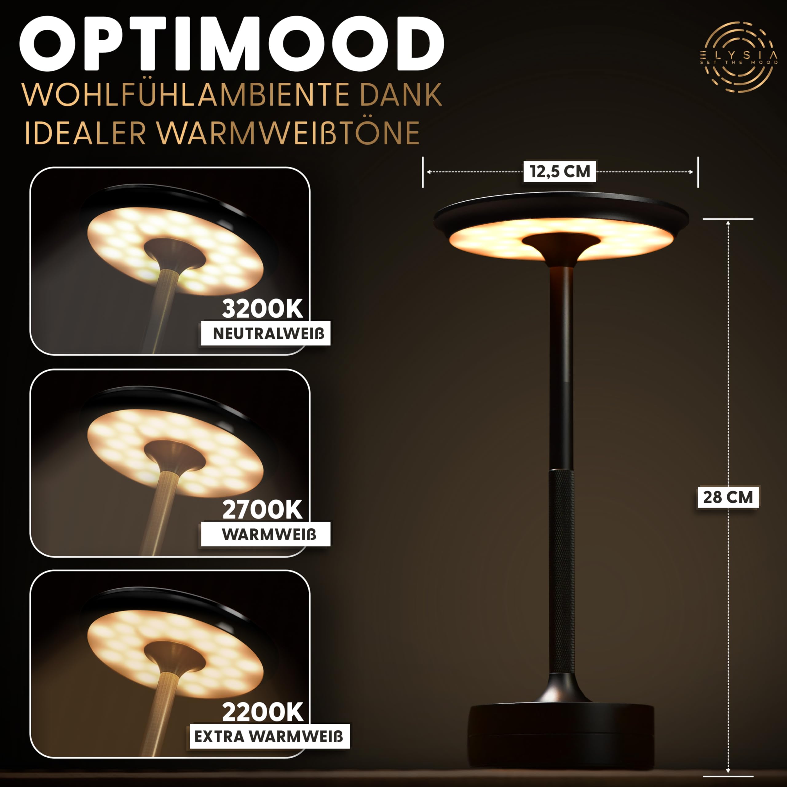 ELYSIA LED Akku-Tischleuchte Dimmbare Tischlampe Kabellos mit Touch für Innen & Outdoor [IP54], (extra-) Warmweiß [2200K-2700K-3200K], USB-C, Wieder-Aufladbare Nachttischlampe, Aluminium, Schwarz