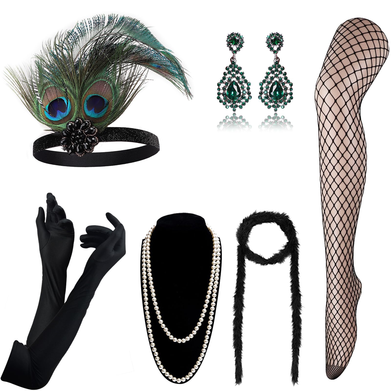 DRESHOW 1920s Accessories Headband Necklace Gloves Flapper Costume Accessories Set for Women