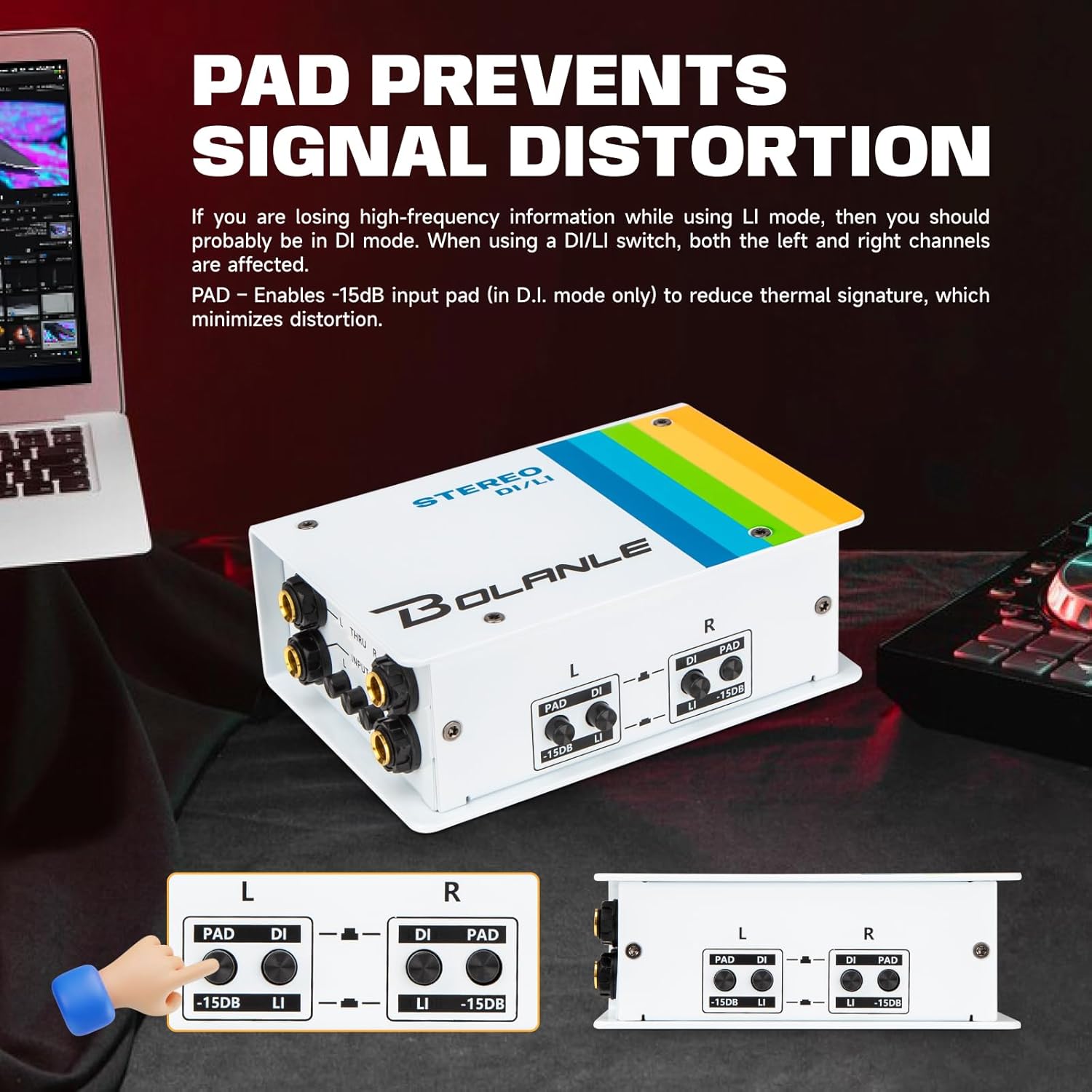 Bolanle Passive Dual Channel DI/LI Box Direct Box Line Isolator, Stereo/Mono Switch for Guitar Bass Keyboard, 1/4 Input XLR Balanced Output, 15dB PAD, GND Lift, THRU Output for Studio Stage Live