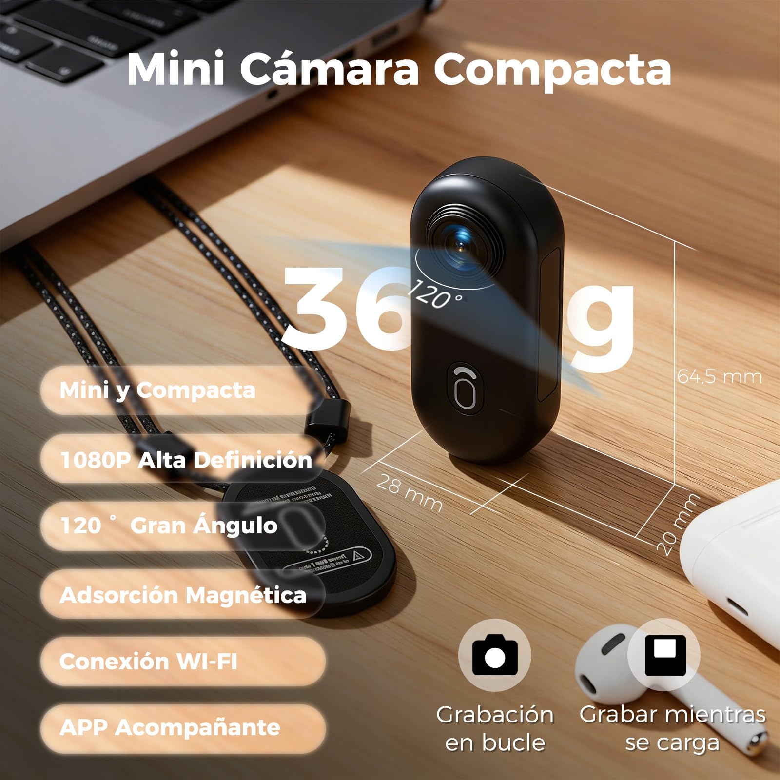 Zeerkeer - Mini Cámara de Acción con Lente Gran Angular de 120°, 1080p, Cámara Deportiva con Cordón Magnético, Clip de 360°, para Casco, Bicicleta, Motocicleta, Deporte al Aire Libre