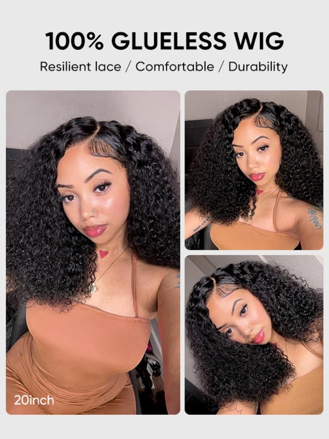Glueless Wig Human Hair, Perücke Echthaar Damen 4x4 Lace Front Wigs for Women, 200% Density, Afro Kinky Curly Wig Human Hair, No Glue, Pre Cut Lace Wear and Go Real Hair Wig Schwarz 16 Inch