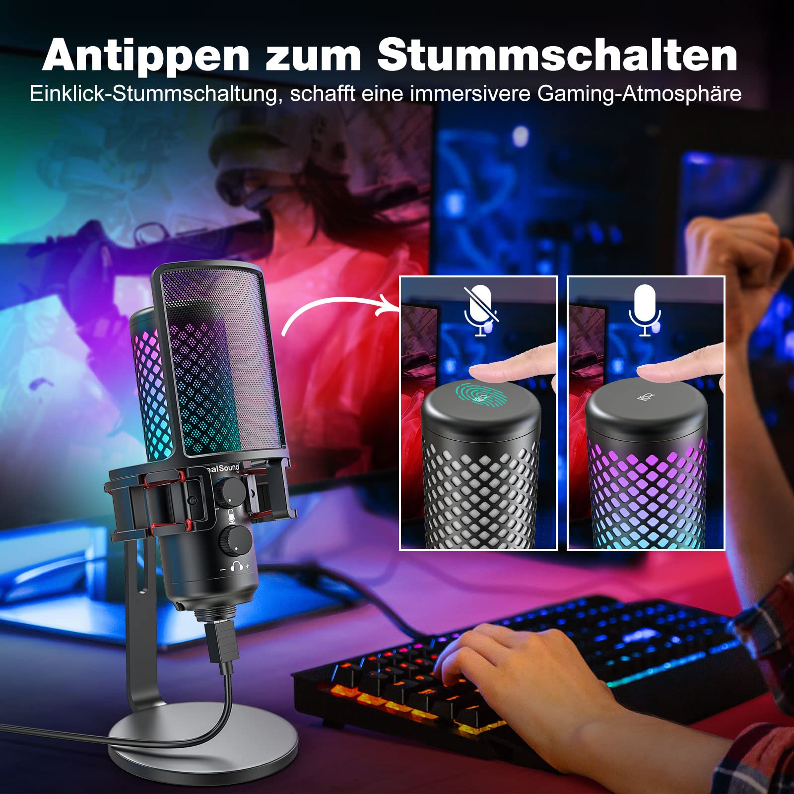zealsound USB Mikrofon für PC & Handy, Gaming & Streaming, RGB Kondensator Mikrofon mit Mute, Gain & Echtzeit Monitoring, Ganzmetall Tischmikrofon für Podcast, Discord, Zoom & YouTube, Windows Mac
