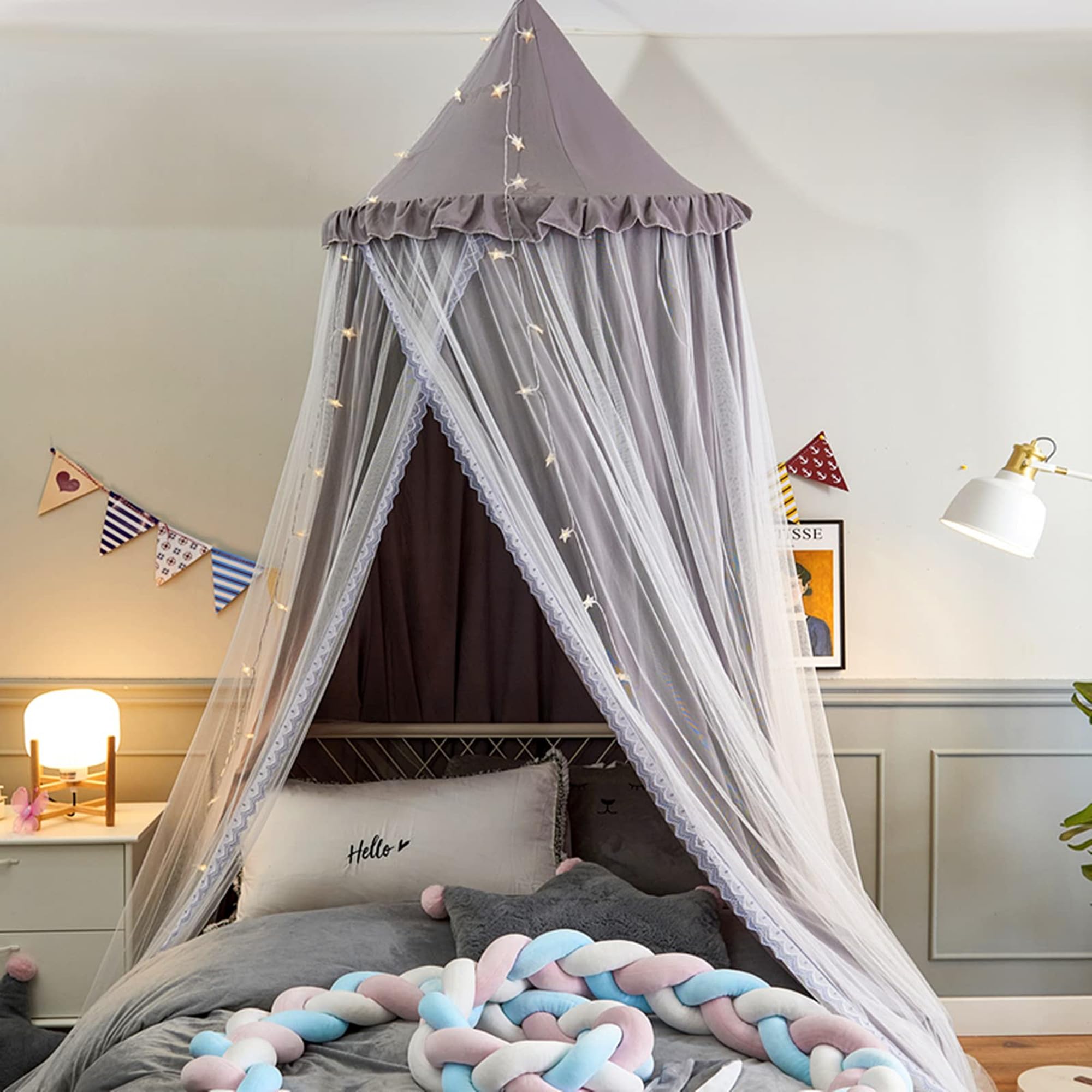 Dosel de Cama para niñas Doble Capa Princesa Cúpula Redonda Mosquitera soñadora Habitación de niñas Castillo Tienda de Juego Casa Colgante Decoración Rincón de Lectura Doseles(Gris/Blanco)