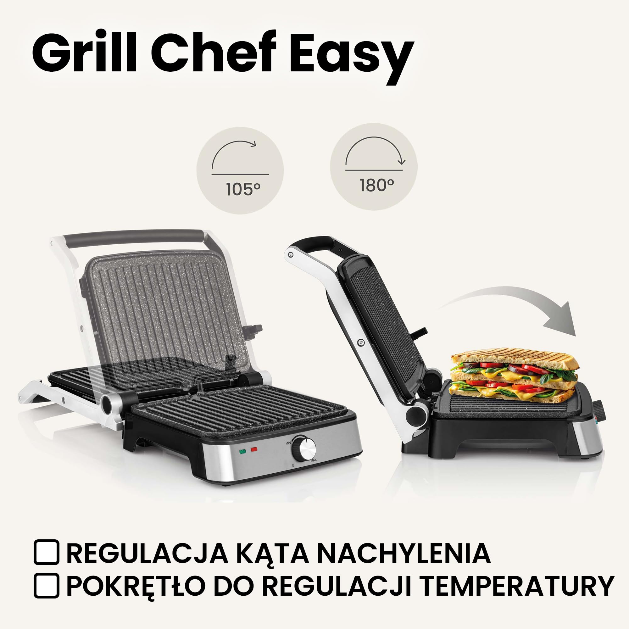 ZEEGMA GRILL CHEF EASY Elektryczny Grill 2 w1 i Opiekacz do Panini Tostów, Moc 2000 W, Nieprzywierająca Płyta Ceramiczna, Regulacja Temperatury i Kąta Nachylenia, Mycie w Zmywarce, 29 x 23.5 cm