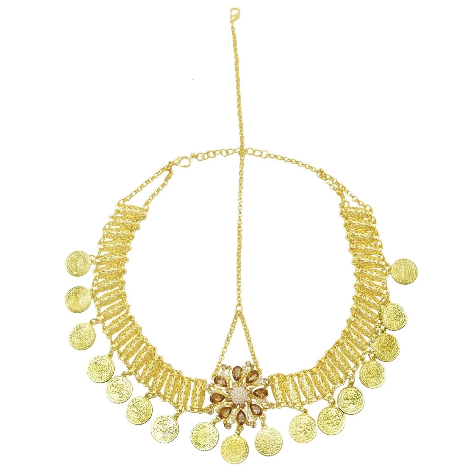 RUNRAYAY Boho Head Chain Jewelry Gold 1920s Retro Flower Rhinestone Headpiece with Coin - Image 2