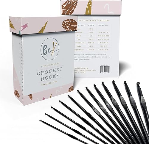 BeKnitting Juego de 12 ganchos de ganchillo y agujas para principiantes, adultos y niños, aluminio negro de alta calidad, día de la madre,