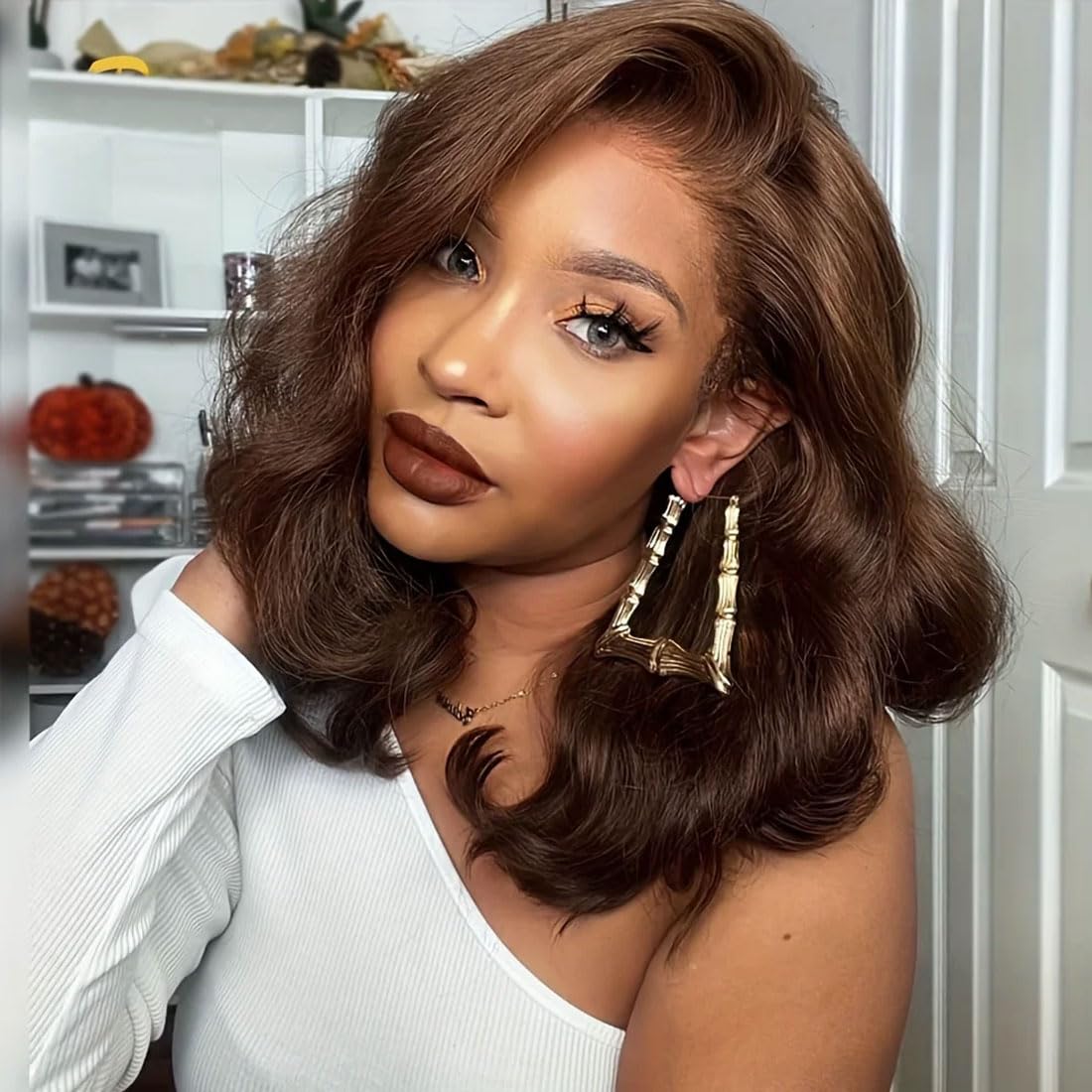GOLFMAX Bob Wig Human Hair Chocolate Brown Lace Front Wig Body Wave Short Human Hair Wigs 12 Inch 13x6 Transparent Lace Front Wig Wavy Bob Wig Pre Plucked Hairline
